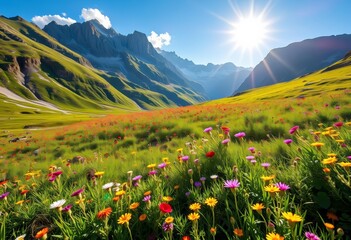Sun-drenched Alpine meadow ablaze with wildflowers, majestic peaks in background, tourism, valley