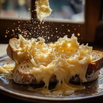 Melted cheese falling onto toasted bread slices on a plate, rustic charm