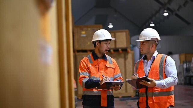 Warehouse inspectors and factory architects are having a meeting to discuss the layout of goods to meet the company's standards.
