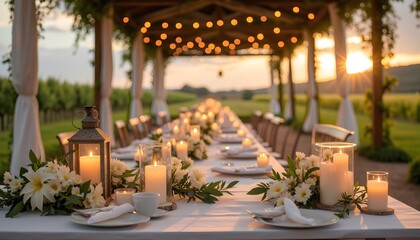 A beautifully arranged wedding reception table in a Provence-style venue, featuring bulk candles made of granulated wax in elegant glass jars and ceramic holders. The candles emit a soft, warm glow, 