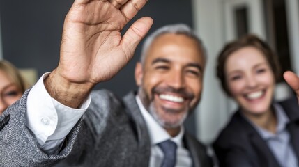 Fototapeta premium A Business Team Celebrating Success, High-Fiving Each Other With Big Smiles In A Bright Conference Room