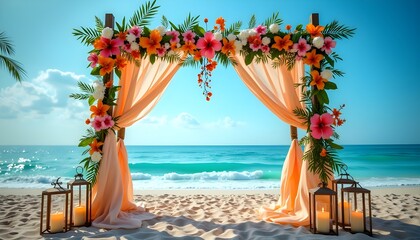 An extravagant wedding arch with a symmetrical arrangement of vibrant pink and red roses, orchids, and hydrangeas, complemented by strands of twinkling fairy lights. Ornate silver lanterns hang 