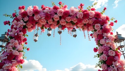 An extravagant wedding arch with a symmetrical arrangement of vibrant pink and red roses, orchids, and hydrangeas, complemented by strands of twinkling fairy lights. Ornate silver lanterns hang gracef