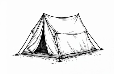 Freehand drawn black, white cartoon tent illustration. Line art image. Simple doodle drawing of camping tent. Coloring book page for kids, quirky visual artwork, retro clip art for travel.