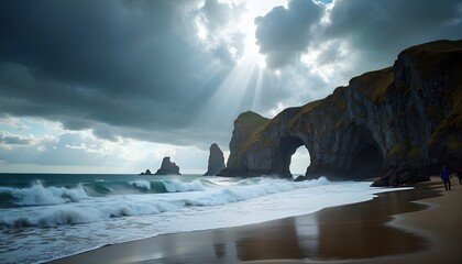 The imposing limestone arch of Durdle Door stands strong against the backdrop of a dramatic, stormy sky. Dark clouds swirl above, with streaks of sunlight breaking through, casting beams of ligh