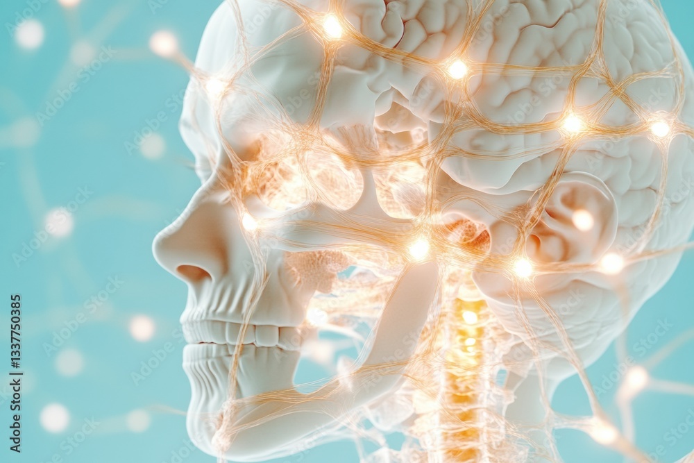 Fototapete Neurotech Visualization Illuminated Neural Connectivity Mapping in Translucent Anatomical Model - Cutting-Edge Medical Innovation for Precision Healthcare Understanding