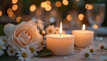 A beautifully arranged wedding reception table in a Provence-style venue, featuring bulk candles made of granulated wax in elegant glass jars and ceramic holders. The candles emit a soft, warm glow, 