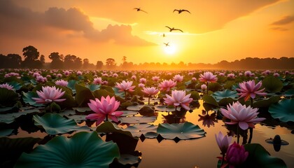 A tranquil pond at Ranganathittu Bird Sanctuary, Mysuru, Karnataka, filled with vibrant pink and white lotus flowers in full bloom. The large, round green lotus leaves float gently on the water’s 