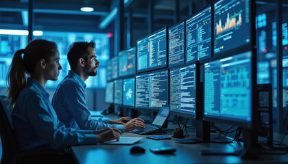 Engineer, system administrator work in telecommunications company datacenter. Man, woman in operation office room, looks at screens with charts, diagrams, code. Cyber security specialists monitor