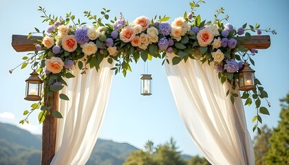 A dreamlike wedding arch covered in a lush canopy of white orchids, soft pink roses, and trailing ivy. A sparkling crystal chandelier with multiple tiers of hanging glass droplets is suspended in the 