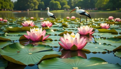 A tranquil pond at Ranganathittu Bird Sanctuary, Mysuru, Karnataka, filled with vibrant pink and white lotus flowers in full bloom. The large, round green lotus leaves float gently on the water’s