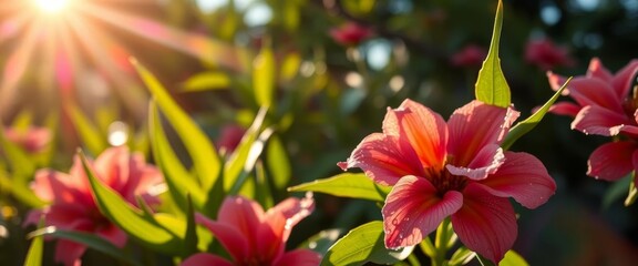Sunlight dappling on dew-kissed petals, vibrant green leaves, bright, organic