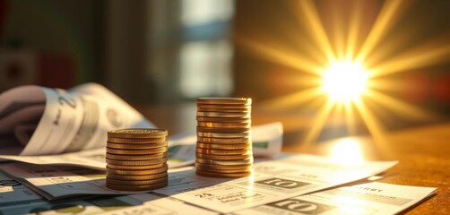 Sunlight illuminates stacked coins atop financial papers, paperwork, documents