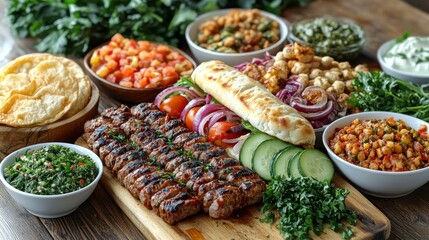 Middle Eastern feast grilled kebabs, salads, dips on wooden board