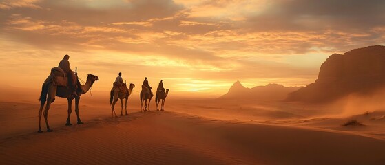 A person stands beside a camel while four other camels and riders make their way across the vast arid desert landscape with contemporary cinematic lighting creating a dramatic and atmospheric scene