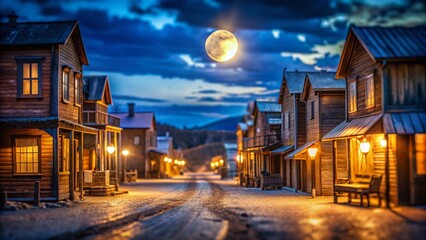 Naklejka premium Moonlight Western Town Street: Tilt-Shift Miniature Scenic Night View