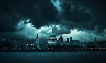 Dramatic twilight view of St. Paul's Cathedral against a stormy sky over the Thames River