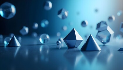 A sophisticated 4K image featuring geometric 3D shapes such as gold-trimmed cubes, marble spheres, and metallic pyramids, carefully arranged on a blue velvet-textured background. The contrast between 