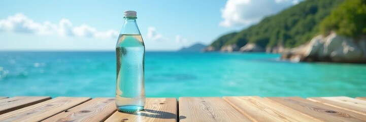 Fototapeta premium Clear glass water bottle with sea view on wooden deck, refreshing, beach, eco-friendly