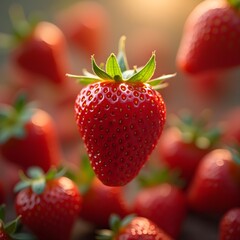 A beautifully composed macro shot of multiple ripe strawberries rotating in mid-air, illuminated by soft, natural light. The DSLR-quality 4K image captures the intricate details of each strawberry, 