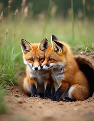 Two adorable red fox kits at den, cuddling together. Furry baby animal wildlife, sitting in grass next to hole, look cute. Young foxes Vulpes vulpes portrait.