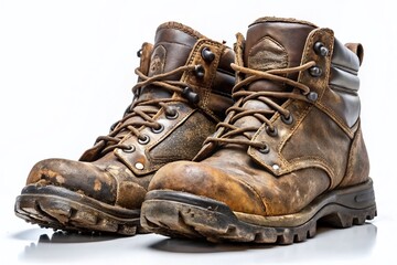Muddy Hiking Boots, Isolated White Background - Stock Photo