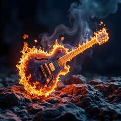 A glowing neon outline of an electric guitar made of roaring orange and blue flames, set against a dark concert stage. Smoke and sparks rise from the strings, creating a dramatic and energetic