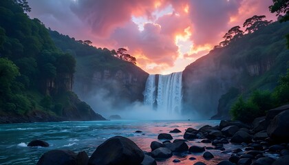 A breathtaking waterfall cascades down a rugged rocky cliff, tumbling into a crystal-clear turquoise pool. The surrounding lush green hills are blanketed with dense vegetation, creating a serene, 