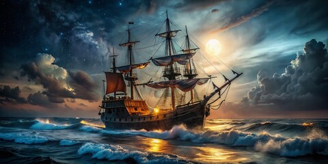 Fototapeta premium Mysterious Pirate Ship at Night - Low Light Nautical Adventure
