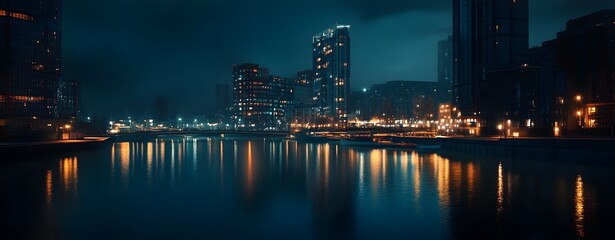 Captivating contemporary architecture and lighting create a cinematic atmosphere along the tranquil riverfront of this urban setting
