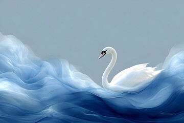 Elegant swan gliding through soft, flowing blue waves under a serene sky, creating a tranquil scene