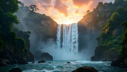 A breathtaking waterfall cascades down a rugged rocky cliff, tumbling into a crystal-clear turquoise pool. The surrounding lush green hills are blanketed with dense vegetation, creating a serene, 