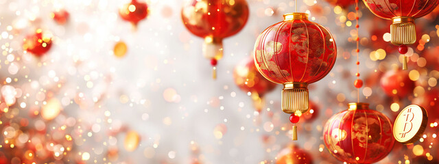 This modern abstract design features vibrant Chinese lanterns and shiny gold coins against a clean white backdrop, making it ideal for celebratory themes and promotional materials