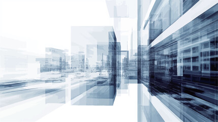 The image is an abstract representation of a city. It features a predominantly blue and white color palette with various geometric shapes and lines suggesting buildings and urban structures.  A