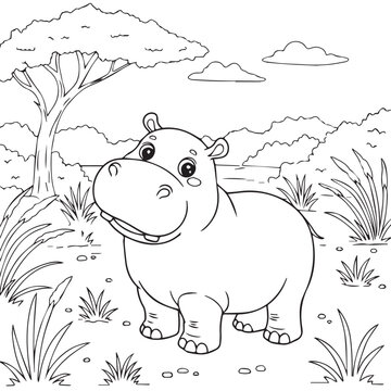 Cute hippopotamus playing in pond coloring page