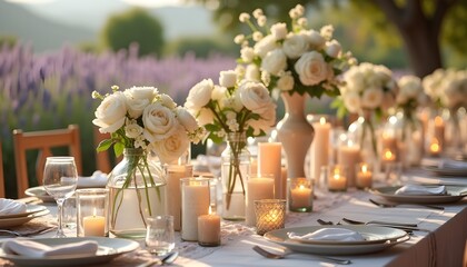 A beautifully arranged wedding reception table in a Provence-style venue, featuring bulk candles made of granulated wax in elegant glass jars and ceramic holders. The candles emit a soft, warm glow, 