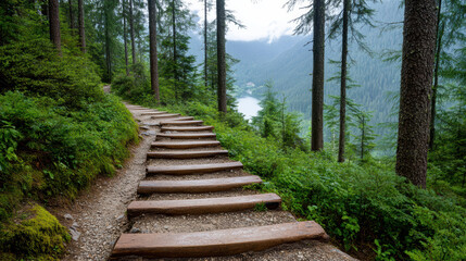 Obraz premium serene forest trail with wooden steps leading to scenic view