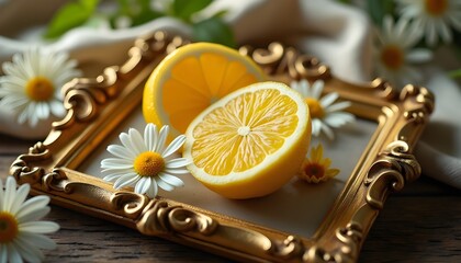 A lifestyle photograph of a rustic wooden table where a fresh lemon and white daisies rest delicately on an ornate gold picture frame. The frame’s intricate floral engravings shimmer under the golden 