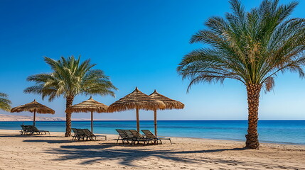 Photograph of palm trees and beach chairs