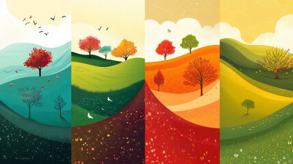 The Four Seasons in a Rolling Landscape A Vibrant Artistic Depiction of Nature's Cycle