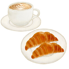 水彩で描いた皿に乗ったクロワッサンのイラスト　コーヒー
