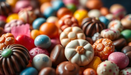 Fototapeta premium Elegant assortment of assorted chocolate candies, soft focus, various fillings, luxury, celebration
