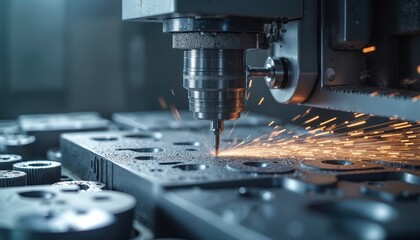 CNC milling machine cuts mold parts using oil cooling. Sparks fly as the tool shapes metal in production process. Precision machining center used for metalwork, die and mold manufacture.