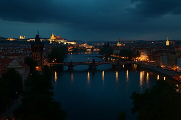 Obraz premium Prague cityscape with river and bridges at blue