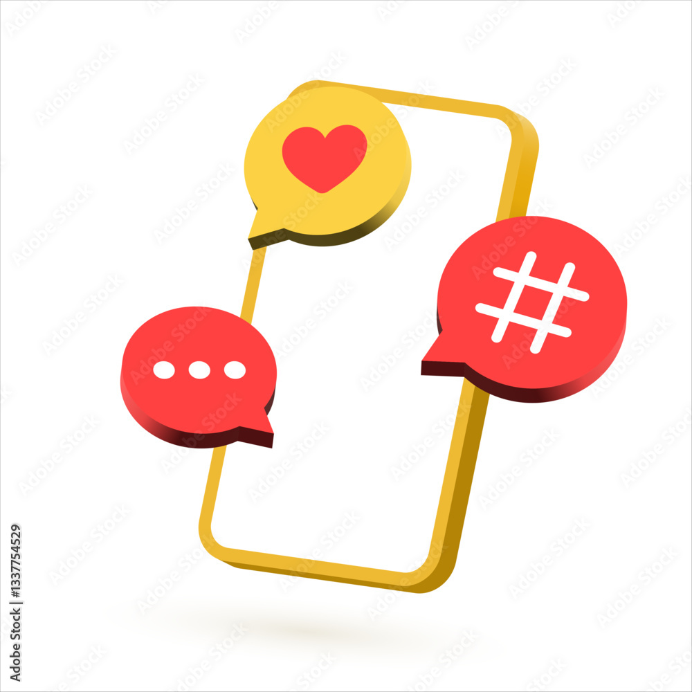 Poster Mobile phone with chat message and like speech bubble icon. social media and social network online communication background - 3d smartphone with chatting speech bubbles. vector illustration
