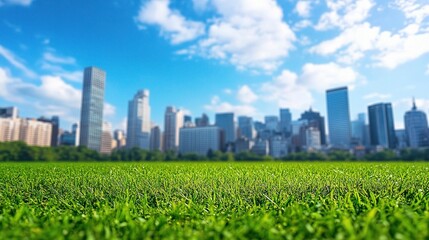 Fototapeta premium Lush Green Lawn Overlooking a Vibrant City Skyline Under Blue Sky
