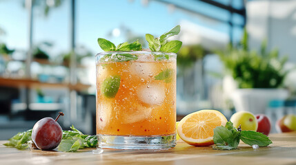Refreshing cocktail with mint, lemon, and fruit garnishes