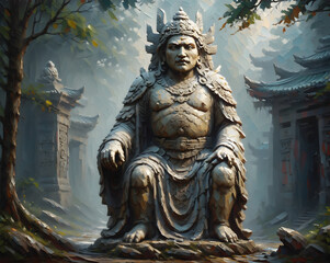Obraz premium A monolithic statue of an unknown emperor, standing so tall it vanishes into the misty sky. 