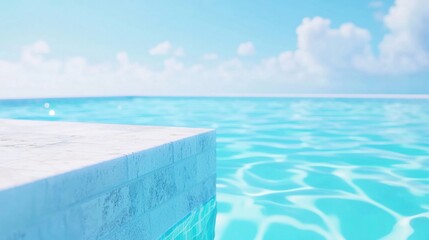 Luxury Infinity Pool Close up of the edge of an infinity pool disappearing into the horizon, showcasing the seamless blend of water and sky.