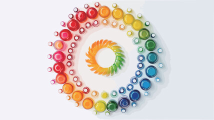 High-angle, close-up view of a circular arrangement of small, colorful containers on a white background. The containers are arranged in a concentric circle, with colors transitioning smoothly from